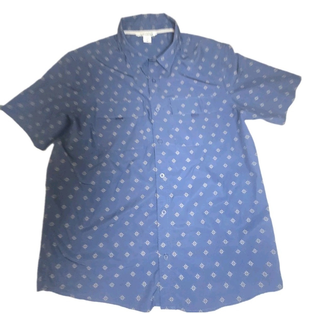 Voyager Shirt Mens Medium M Navy Blue Gold Compass Print Nautical Button Up